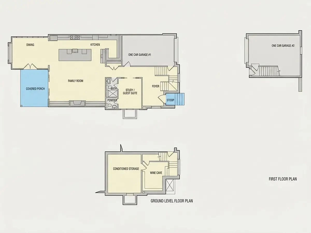 1. stāvs 9 – Divstāvu mājas projekts + pagrabu 414 m²: 4 Guļamistabas, Darba istaba, 6 Vannasistabas, Atvērta virtuve, Garāža — 50387R