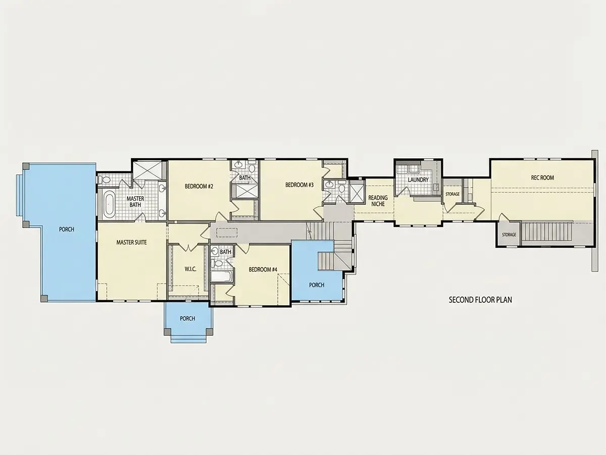 2. stāvs 10 – Divstāvu mājas projekts + pagrabu 414 m²: 4 Guļamistabas, Darba istaba, 6 Vannasistabas, Atvērta virtuve, Garāža — 50387R