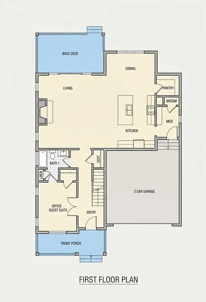 1. stāvs 9 – Divstāvu mājas projekts 240 m²: 3 Guļamistabas, Darba istaba, 3 Vannasistabas, Atvērta virtuve, Garāža — 94159R