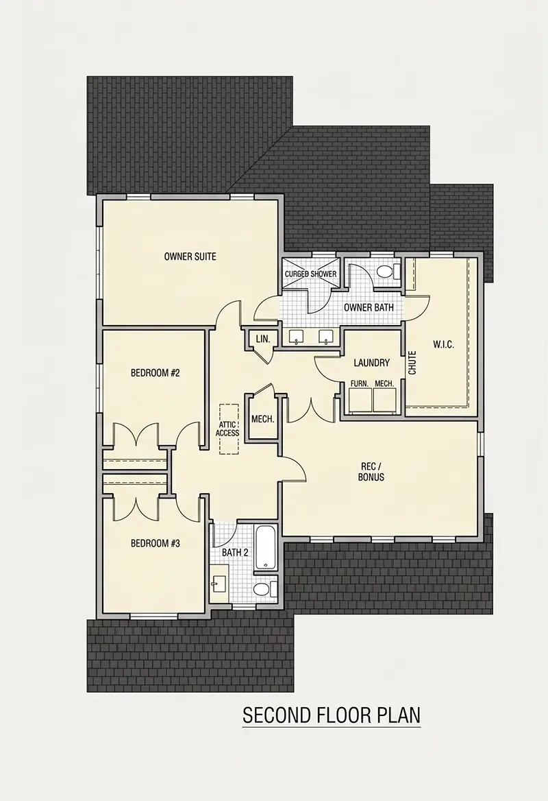 2. stāvs 10 – Divstāvu mājas projekts 240 m²: 3 Guļamistabas, Darba istaba, 3 Vannasistabas, Atvērta virtuve, Garāža — 94159R