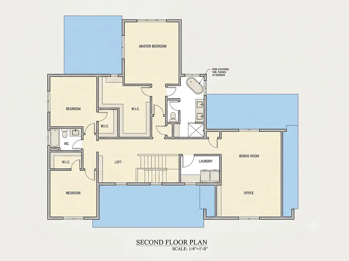 2. stāvs 10 – Divstāvu mājas projekts 356 m²: 4 Guļamistabas, 4 Vannasistabas, Atvērta virtuve, Garāža — 13464R