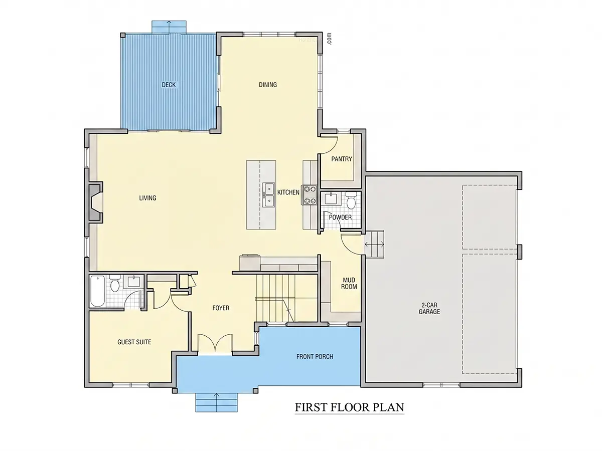 1. stāvs 9 – Divstāvu mājas projekts 356 m²: 4 Guļamistabas, 4 Vannasistabas, Atvērta virtuve, Garāža — 13464R