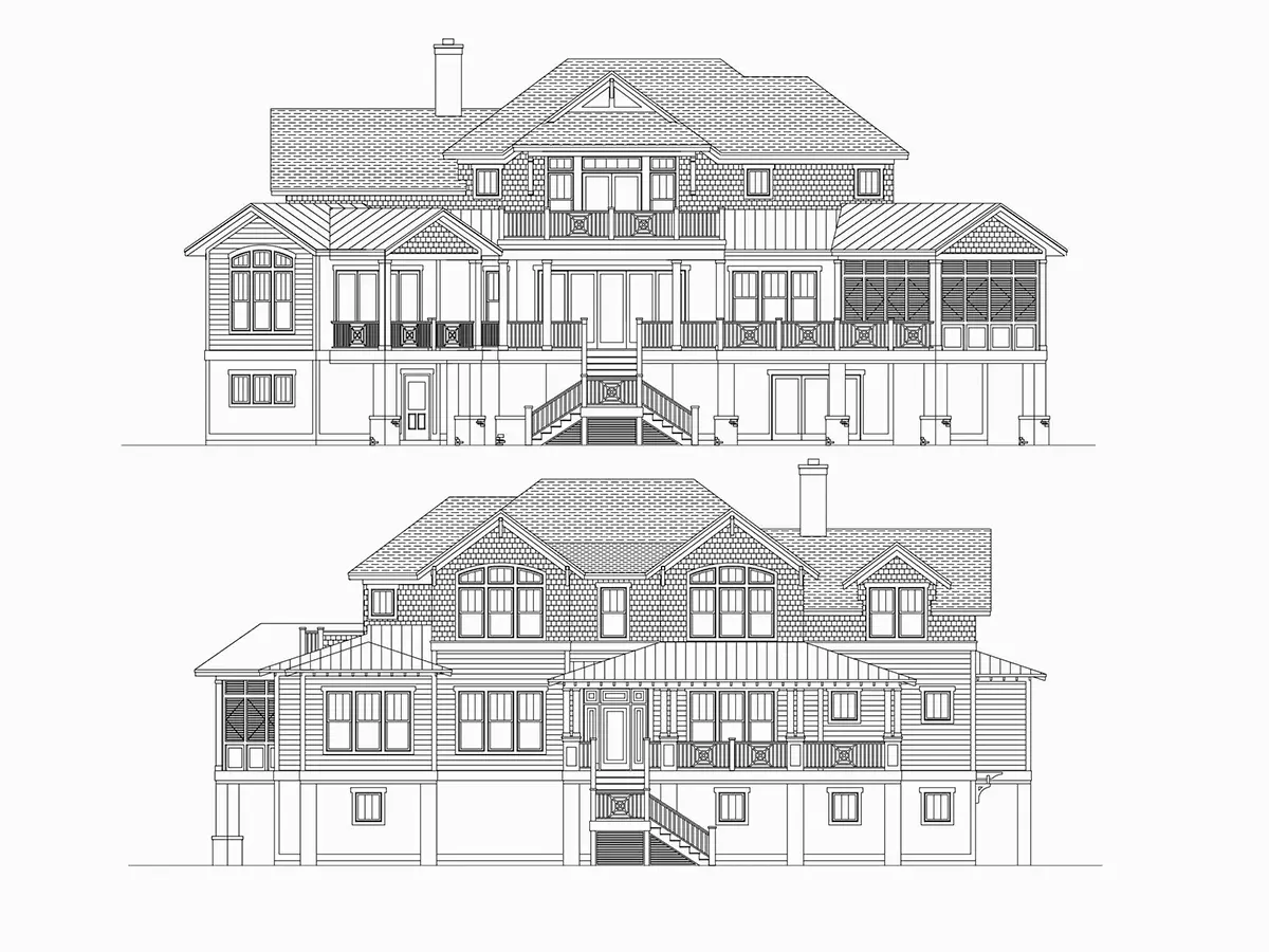 Fasādes 30 – Trīsstāvu mājas projekts 585 m²: 5 Guļamistabas, Darba istaba, 7 Vannasistabas, Atvērta virtuve, Garāža — 10297R