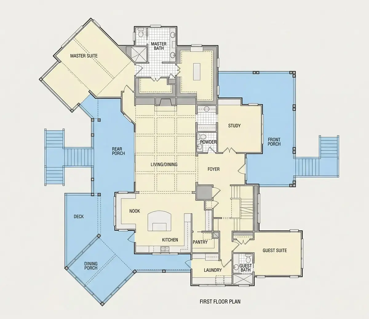 1. stāvs 33 – Trīsstāvu mājas projekts 585 m²: 5 Guļamistabas, Darba istaba, 7 Vannasistabas, Atvērta virtuve, Garāža — 10297R