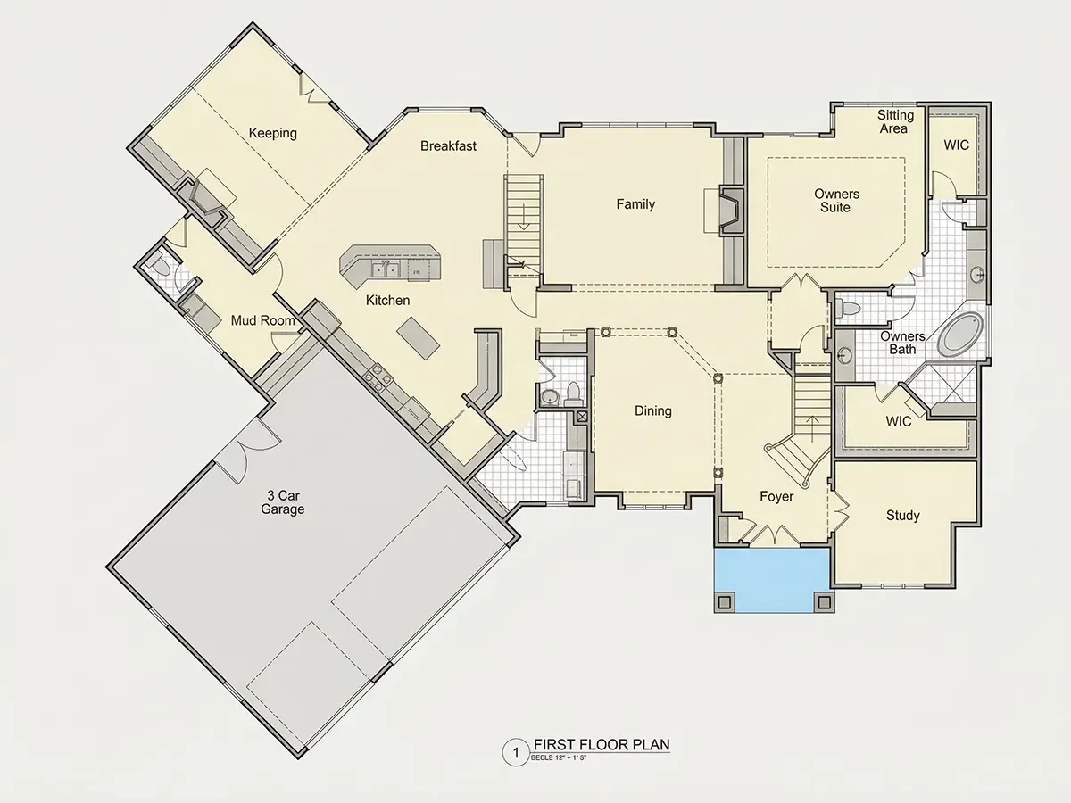 1. stāvs 9 – Divstāvu mājas projekts 497 m²: 4 Guļamistabas, Darba istaba, 6 Vannasistabas, Atvērta virtuve, Garāža — 82132R