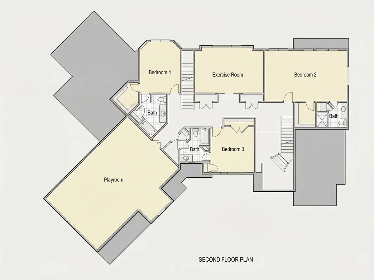 2. stāvs 10 – Divstāvu mājas projekts 497 m²: 4 Guļamistabas, Darba istaba, 6 Vannasistabas, Atvērta virtuve, Garāža — 82132R