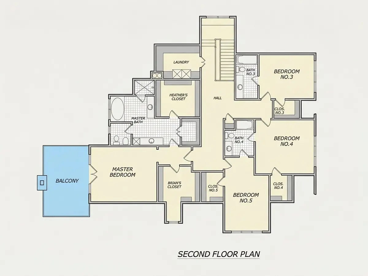2. stāvs 34 – Divstāvu mājas projekts + pagrabu 630 m²: 6 Guļamistabas, 6 Vannasistabas, Atvērta virtuve, Garāža — 59624R