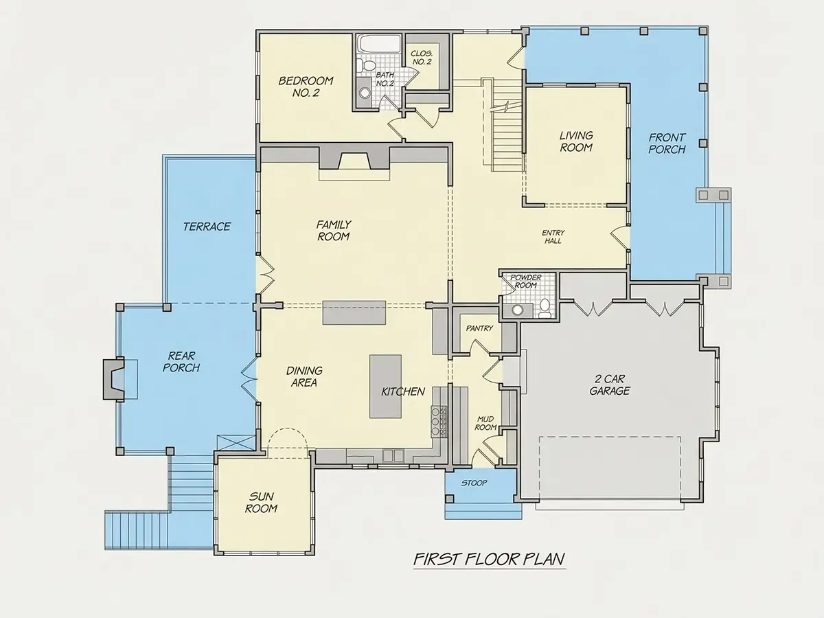 1. stāvs 33 – Divstāvu mājas projekts + pagrabu 630 m²: 6 Guļamistabas, 6 Vannasistabas, Atvērta virtuve, Garāža — 59624R