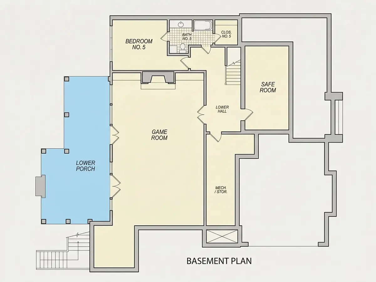 Pagrabs 32 – Divstāvu mājas projekts + pagrabu 630 m²: 6 Guļamistabas, 6 Vannasistabas, Atvērta virtuve, Garāža — 59624R