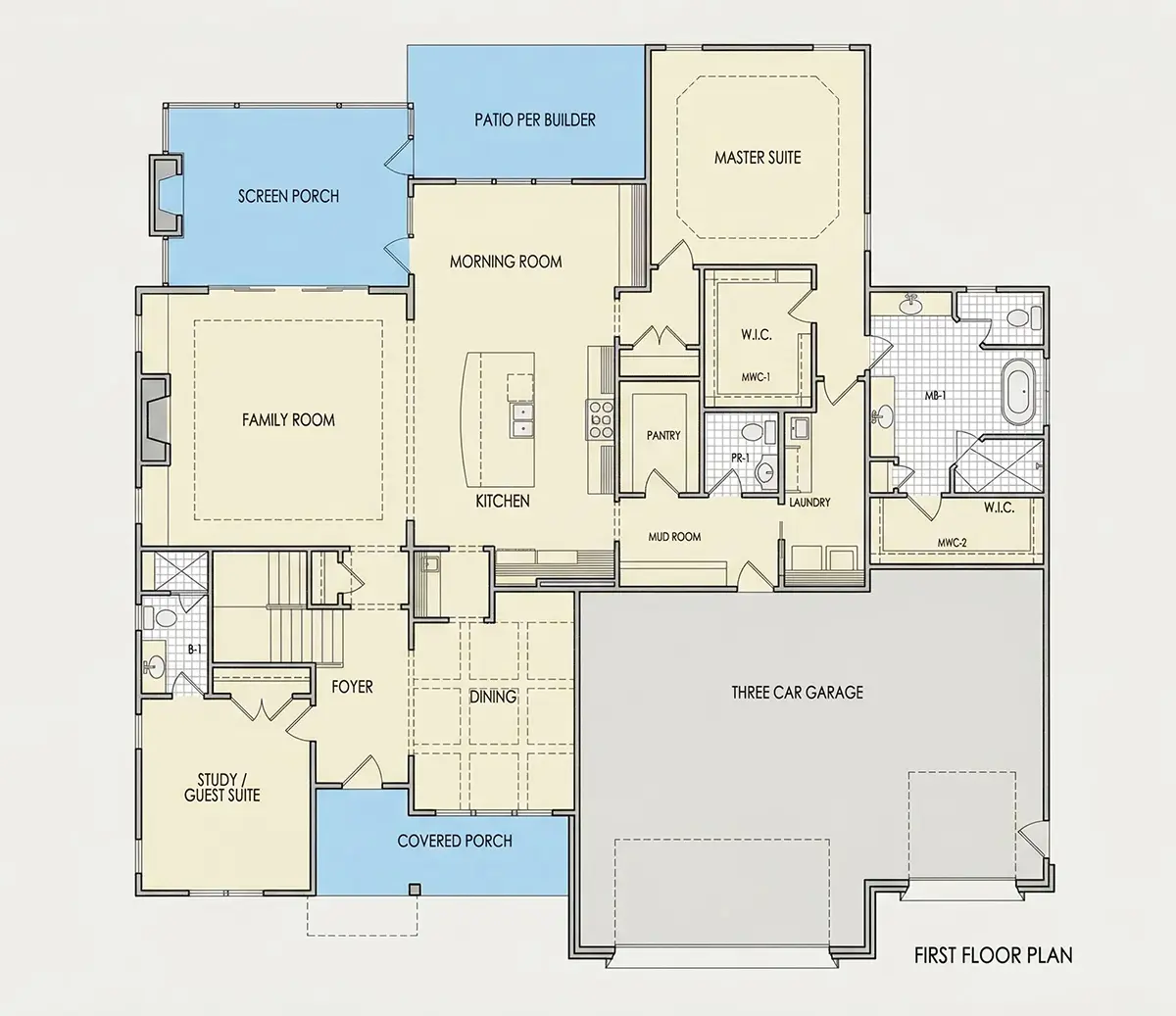 1. stāvs 9 – Divstāvu mājas projekts 384 m²: 4 Guļamistabas, Darba istaba, 5 Vannasistabas, Atvērta virtuve, Garāža — 50641R