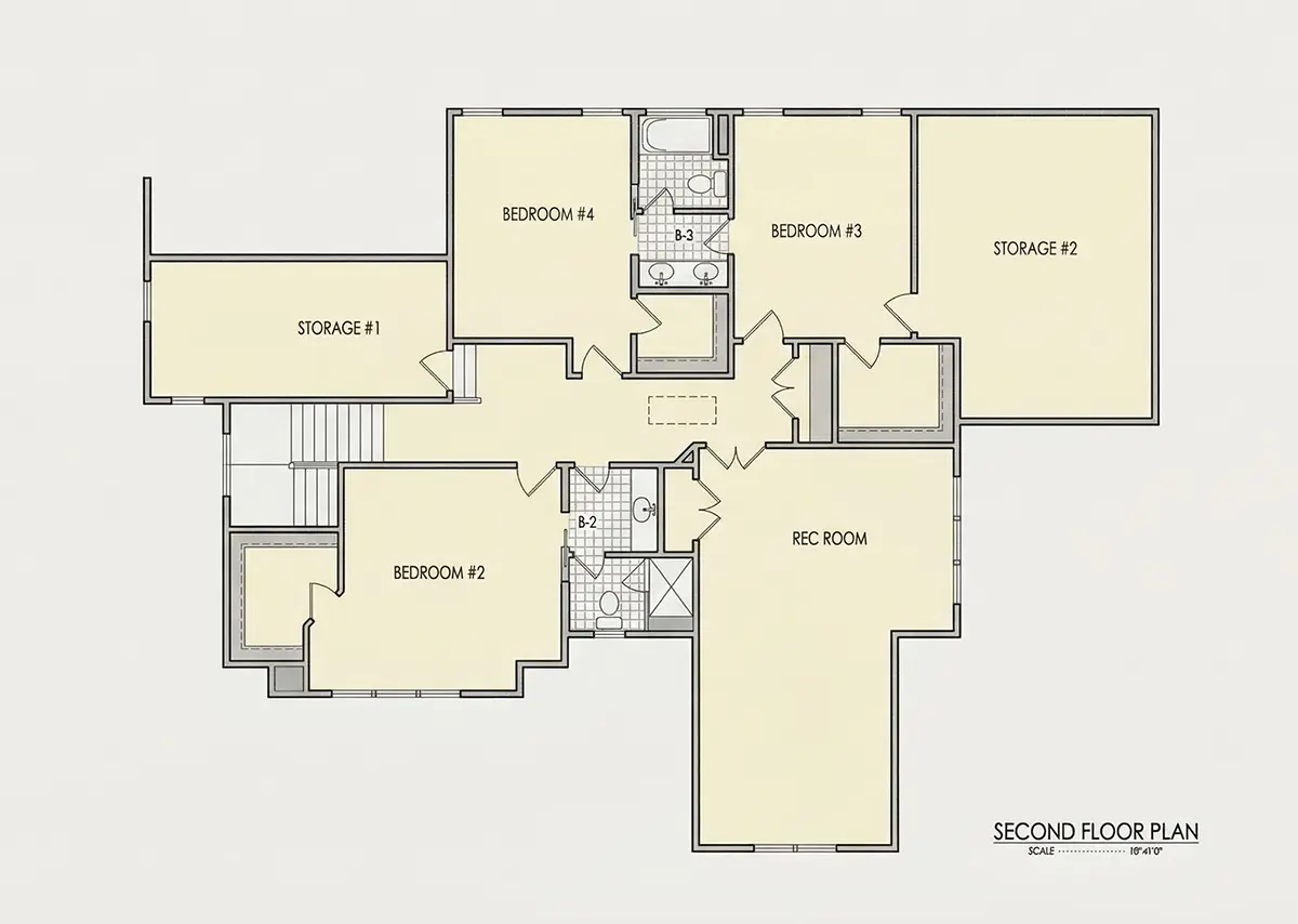 2. stāvs 10 – Divstāvu mājas projekts 384 m²: 4 Guļamistabas, Darba istaba, 5 Vannasistabas, Atvērta virtuve, Garāža — 50641R