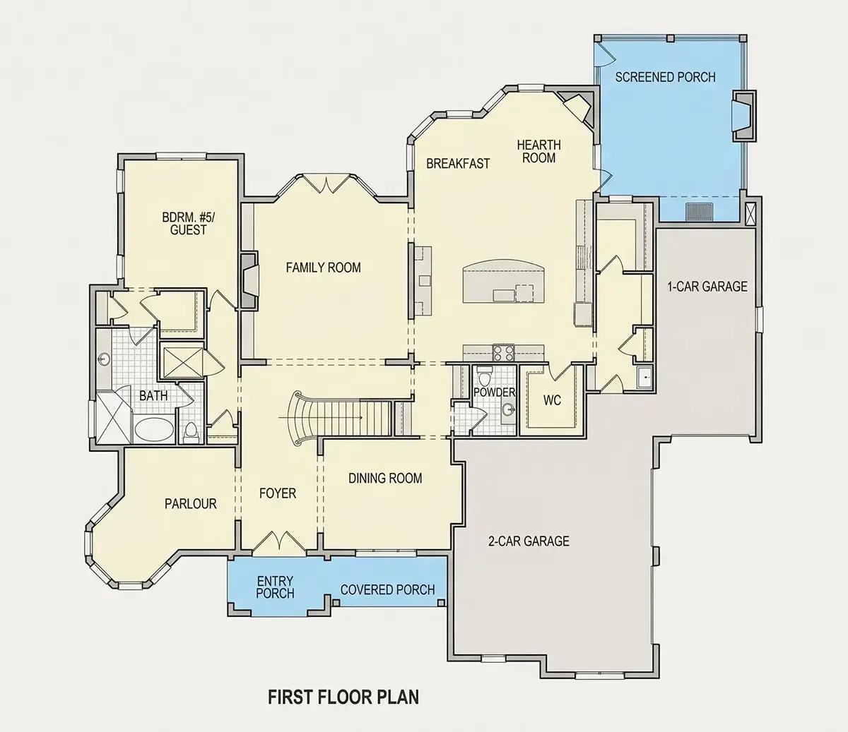 1. stāvs 21 – Trīsstāvu mājas projekts 497 m²: 5 Guļamistabas, Darba istaba, 6 Vannasistabas, Garāža — 85576R