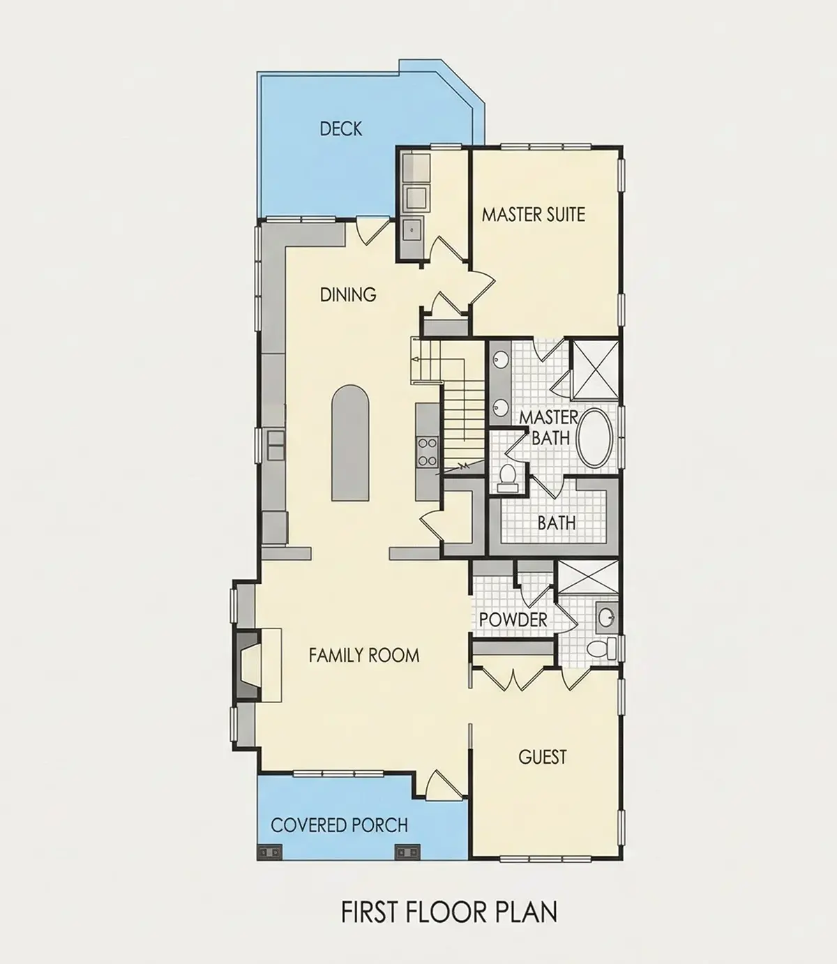 1. stāvs 11 – Mājas projekts ar mansardu 292 m²: 4 Guļamistabas, Darba istaba, 3 Vannasistabas, Atvērta virtuve, bez Garāžas — 57107R