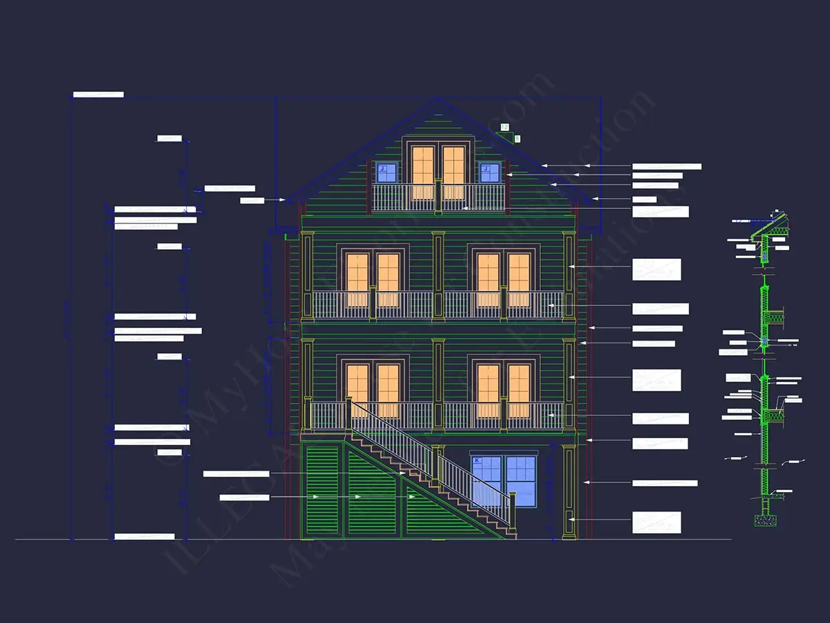 Fasādes 23 – Trīsstāvu mājas projekts 372 m²: 3 Guļamistabas, 5 Vannasistabas, Atvērta virtuve, Garāža — 58990R