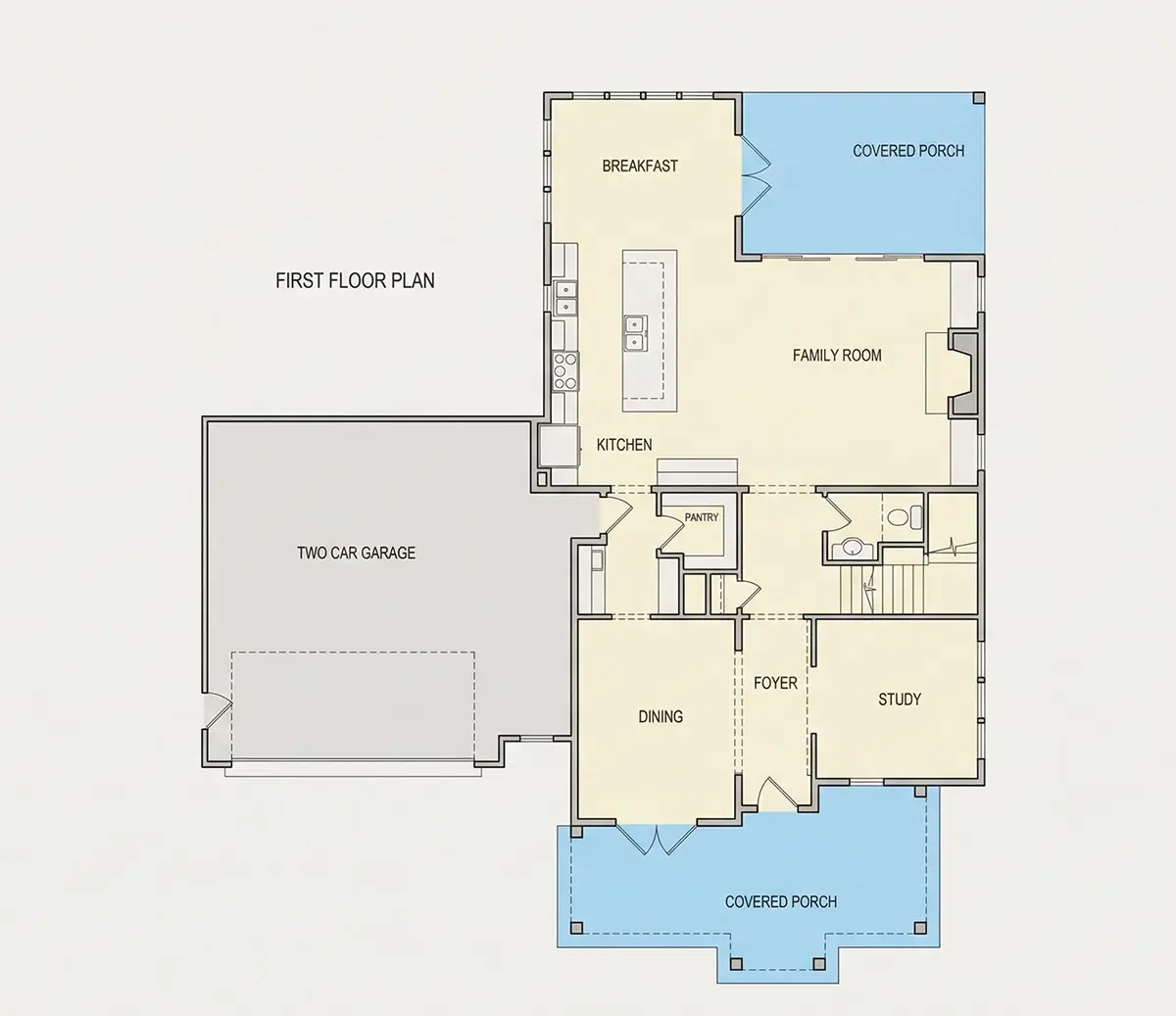 1. stāvs 22 – Divstāvu mājas projekts 293 m²: 3 Guļamistabas, Darba istaba, 4 Vannasistabas, Atvērta virtuve, Garāža — 21252R