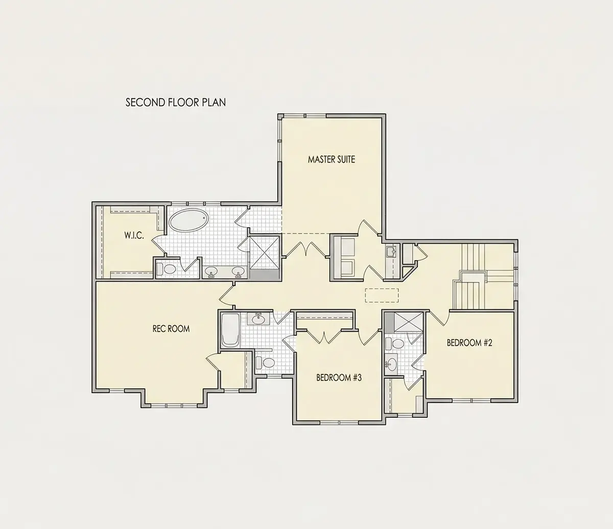 2. stāvs 23 – Divstāvu mājas projekts 293 m²: 3 Guļamistabas, Darba istaba, 4 Vannasistabas, Atvērta virtuve, Garāža — 21252R