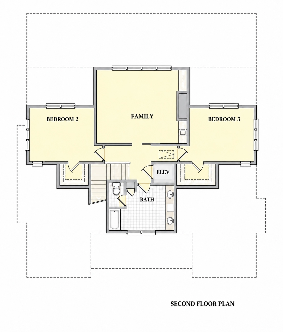 2. stāvs 10 – Trīsstāvu mājas projekts 434 m²: 4 Guļamistabas, Darba istaba, 4 Vannasistabas, Atvērta virtuve, Garāža — 92833R