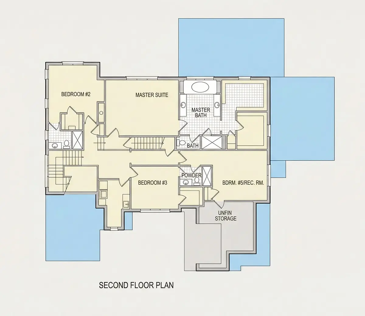 2. stāvs 26 – Divstāvu mājas projekts + pagrabu 599 m²: 6 Guļamistabas, Darba istaba, 8 Vannasistabas, Atvērta virtuve, Garāža — 36963R