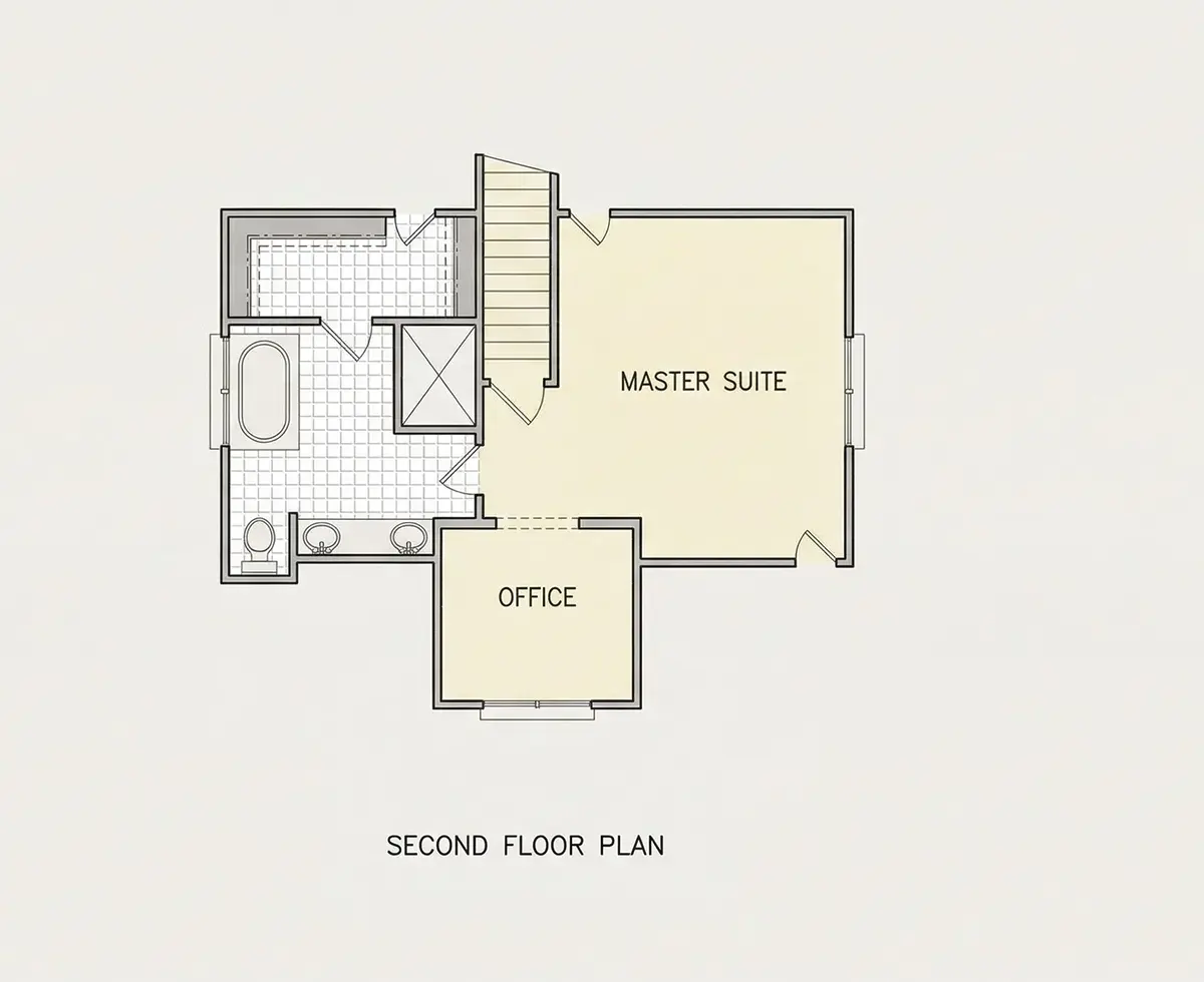 2. stāvs 10 – Trīsstāvu mājas projekts 158 m²: 3 Guļamistabas, Darba istaba, 2 Vannasistabas, Atvērta virtuve, Garāža — 92700R