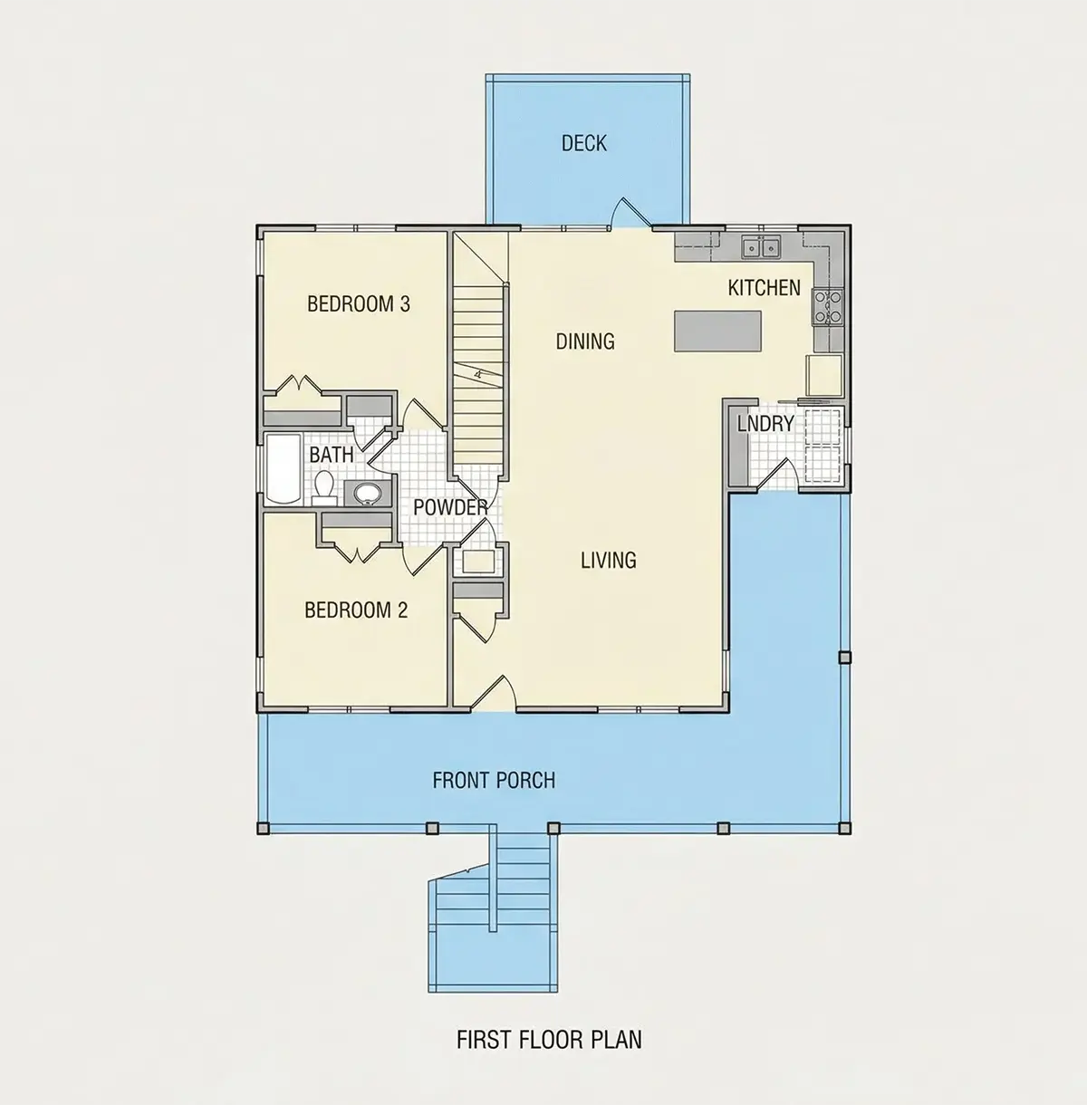 1. stāvs 9 – Trīsstāvu mājas projekts 158 m²: 3 Guļamistabas, Darba istaba, 2 Vannasistabas, Atvērta virtuve, Garāža — 92700R