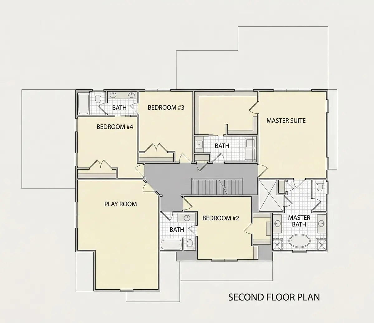 2. stāvs 9 – Trīsstāvu mājas projekts 372 m²: 5 Guļamistabas, Darba istaba, 6 Vannasistabas, Atvērta virtuve, Garāža — 29445R