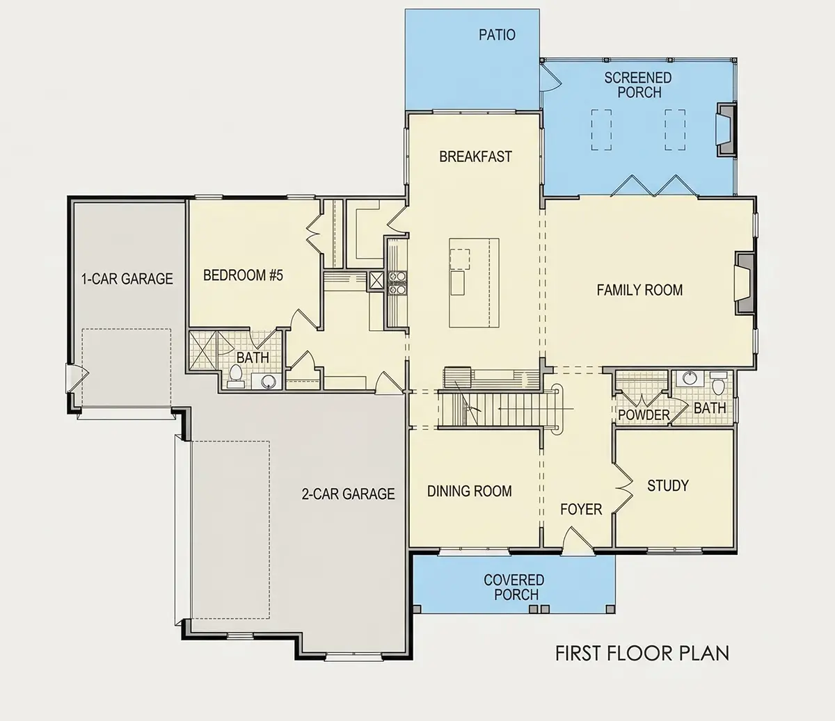 1. stāvs 8 – Trīsstāvu mājas projekts 372 m²: 5 Guļamistabas, Darba istaba, 6 Vannasistabas, Atvērta virtuve, Garāža — 29445R