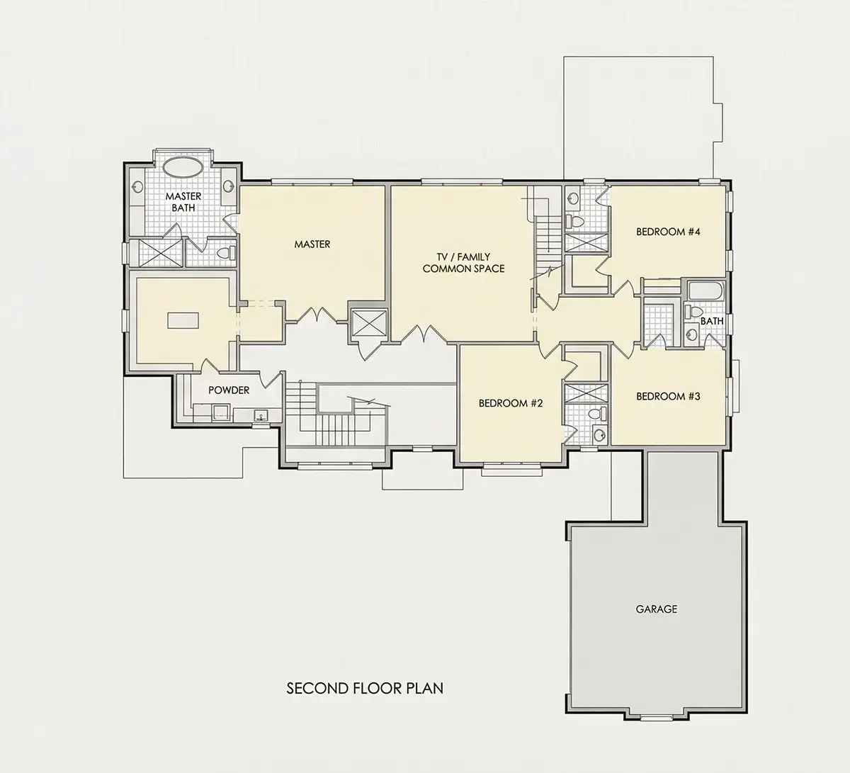 2. stāvs 21 – Trīsstāvu mājas projekts 483 m²: 5 Guļamistabas, Darba istaba, 6 Vannasistabas, Atvērta virtuve, Garāža — 82660R