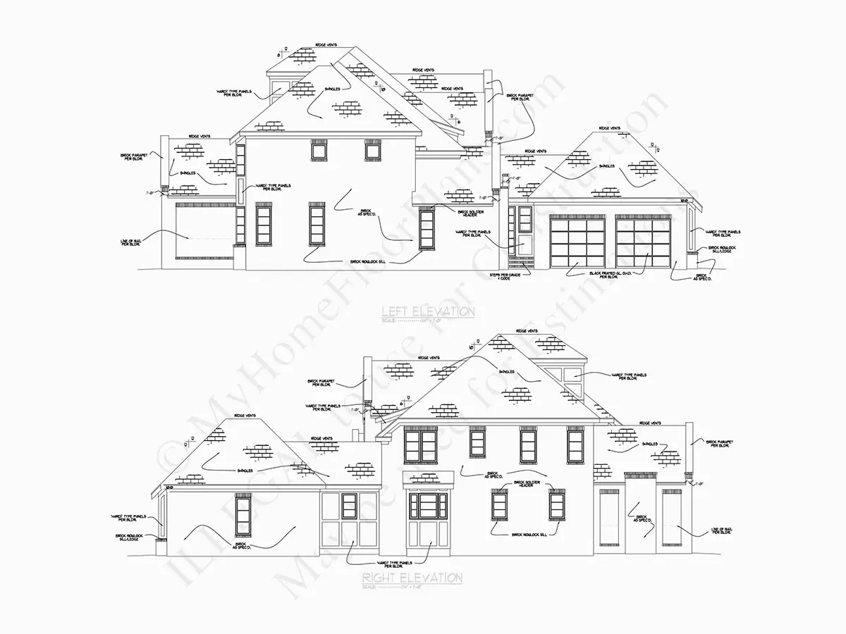Fasādes 19 – Trīsstāvu mājas projekts 483 m²: 5 Guļamistabas, Darba istaba, 6 Vannasistabas, Atvērta virtuve, Garāža — 82660R