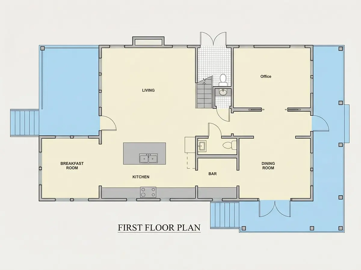 1. stāvs 23 – Divstāvu mājas projekts 246 m²: 3 Guļamistabas, Darba istaba, 4 Vannasistabas, Atvērta virtuve, bez Garāžas — 39006R