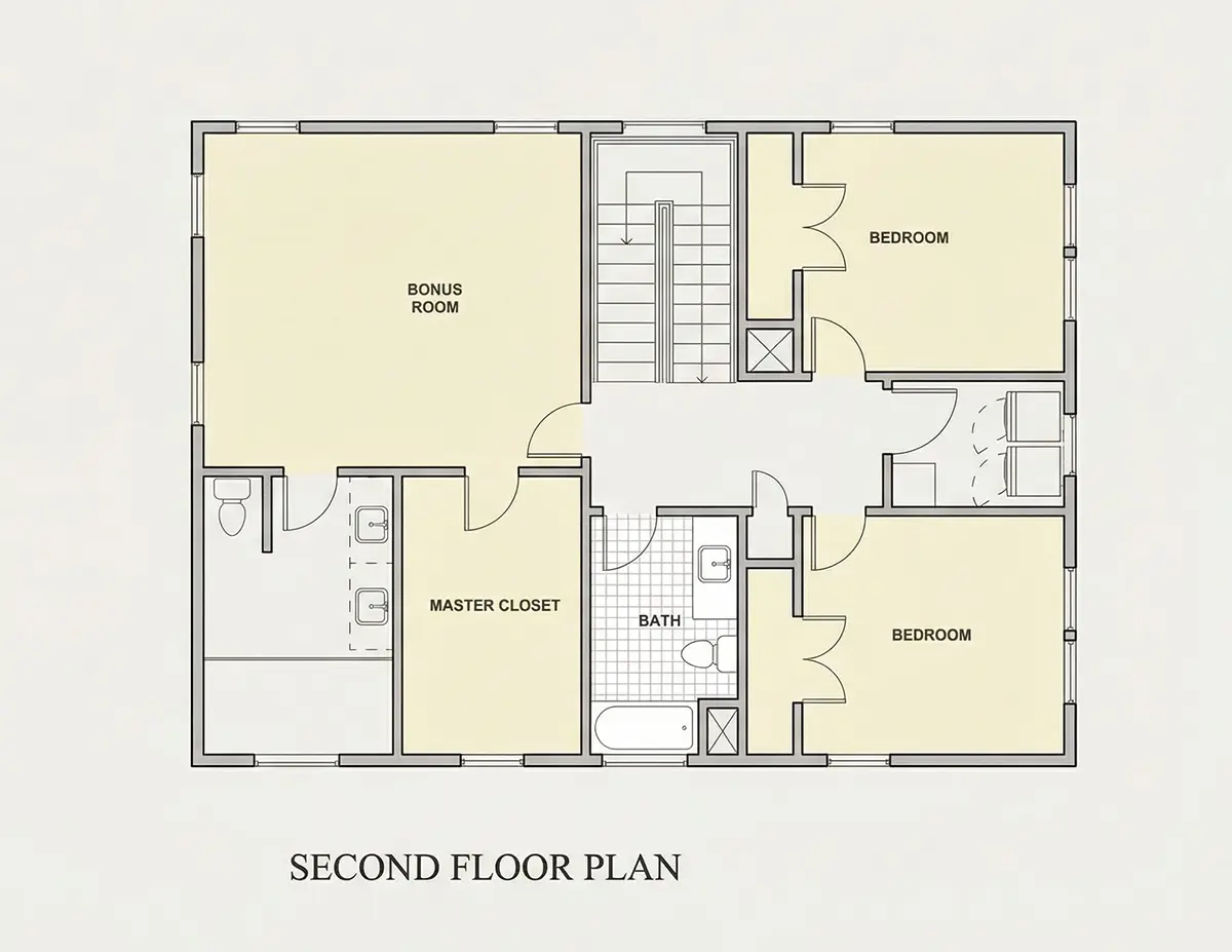 2. stāvs 24 – Divstāvu mājas projekts 246 m²: 3 Guļamistabas, Darba istaba, 4 Vannasistabas, Atvērta virtuve, bez Garāžas — 39006R