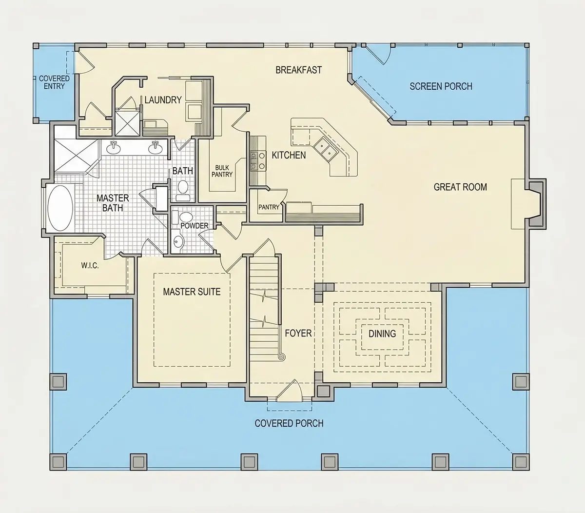 1. stāvs 6 – Mājas projekts ar mansardu 233 m²: 3 Guļamistabas, 3 Vannasistabas, Atvērta virtuve, bez Garāžas — 78316R