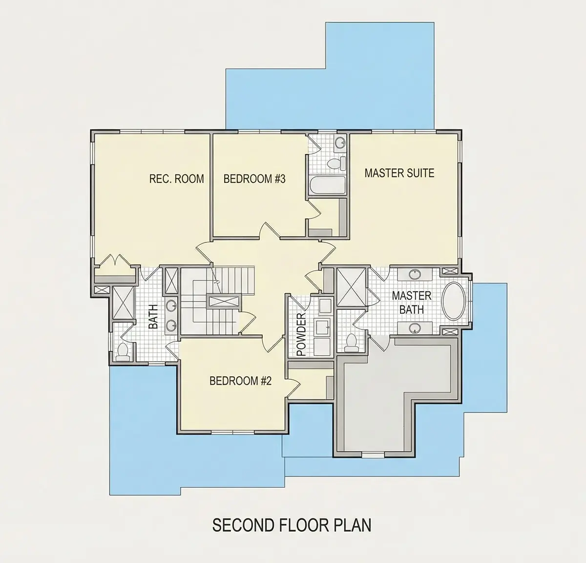 2. stāvs 9 – Divstāvu mājas projekts 299 m²: 4 Guļamistabas, 5 Vannasistabas, Atvērta virtuve, Garāža — 29805R