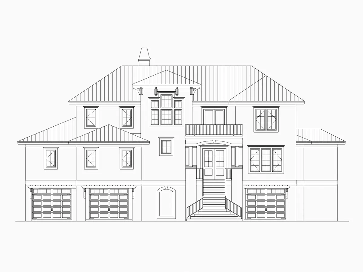 Fasādes 5 – Trīsstāvu mājas projekts 573 m²: 4 Guļamistabas, 6 Vannasistabas, Atvērta virtuve, Garāža — 90915R