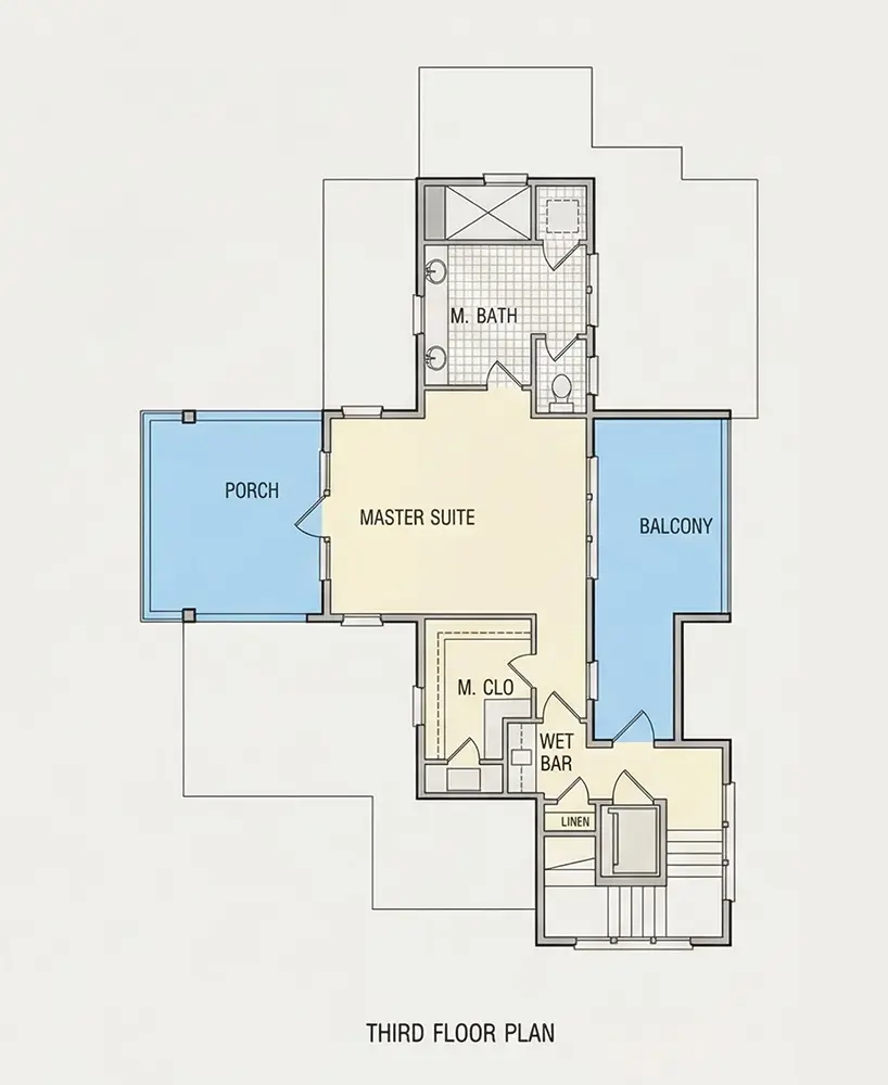 3. stāvs 14 – Trīsstāvu mājas projekts 213 m²: 4 Guļamistabas, Darba istaba, 6 Vannasistabas, Atvērta virtuve, Garāža — 89404R