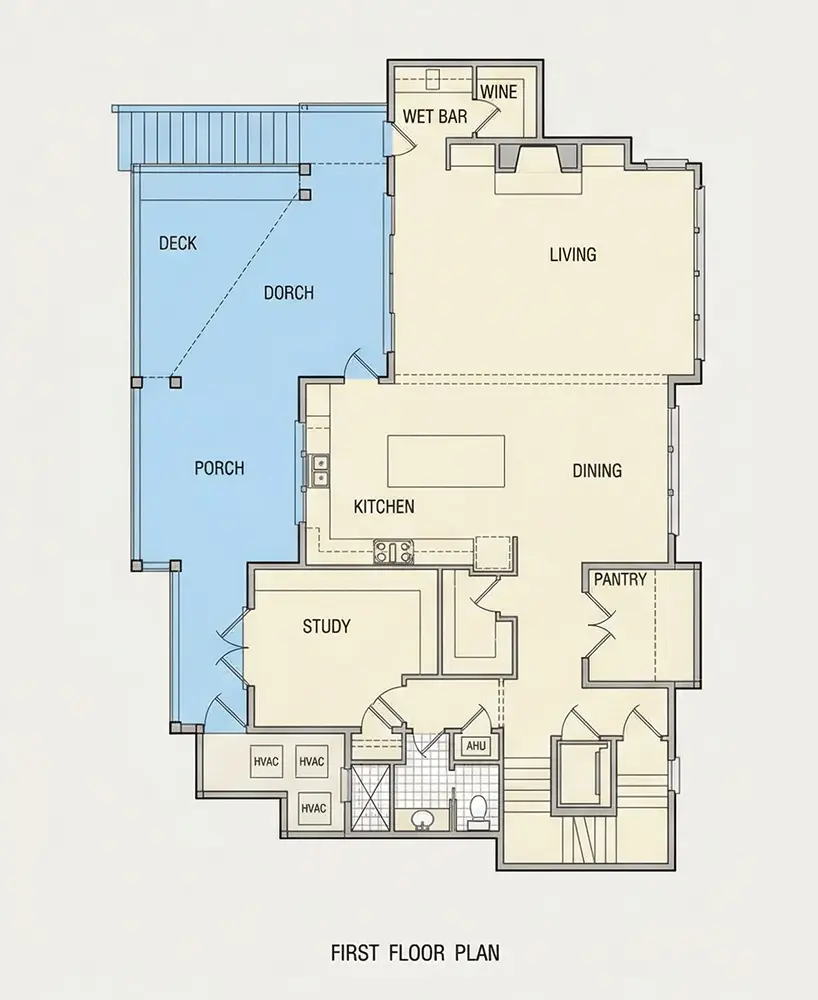 1. stāvs 12 – Trīsstāvu mājas projekts 213 m²: 4 Guļamistabas, Darba istaba, 6 Vannasistabas, Atvērta virtuve, Garāža — 89404R