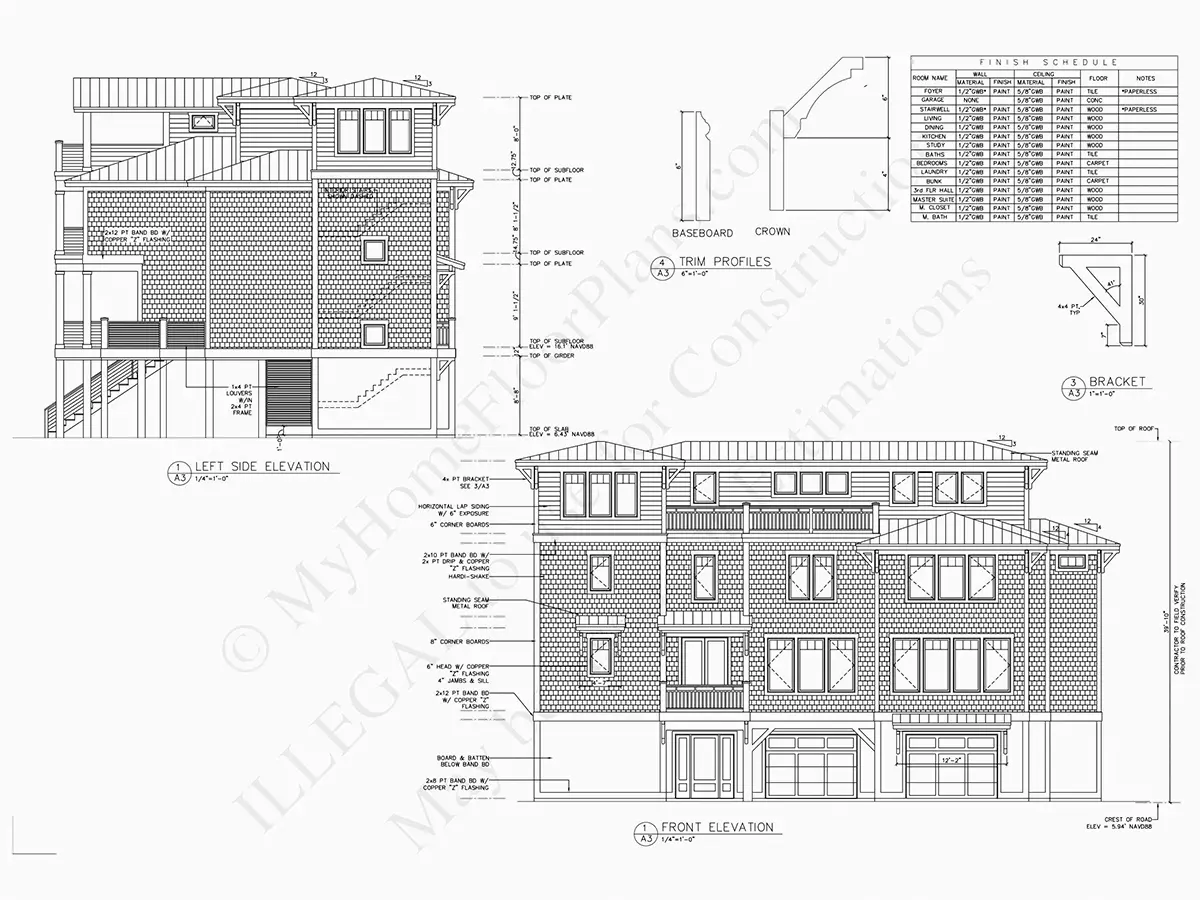 Fasādes 9 – Trīsstāvu mājas projekts 213 m²: 4 Guļamistabas, Darba istaba, 6 Vannasistabas, Atvērta virtuve, Garāža — 89404R