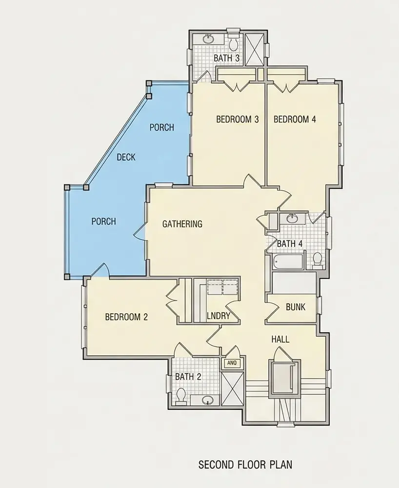 2. stāvs 13 – Trīsstāvu mājas projekts 213 m²: 4 Guļamistabas, Darba istaba, 6 Vannasistabas, Atvērta virtuve, Garāža — 89404R