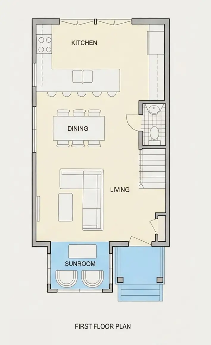 1. stāvs 8 – Trīsstāvu mājas projekts 158 m²: 3 Guļamistabas, 3 Vannasistabas, Atvērta virtuve, bez Garāžas — 46831R