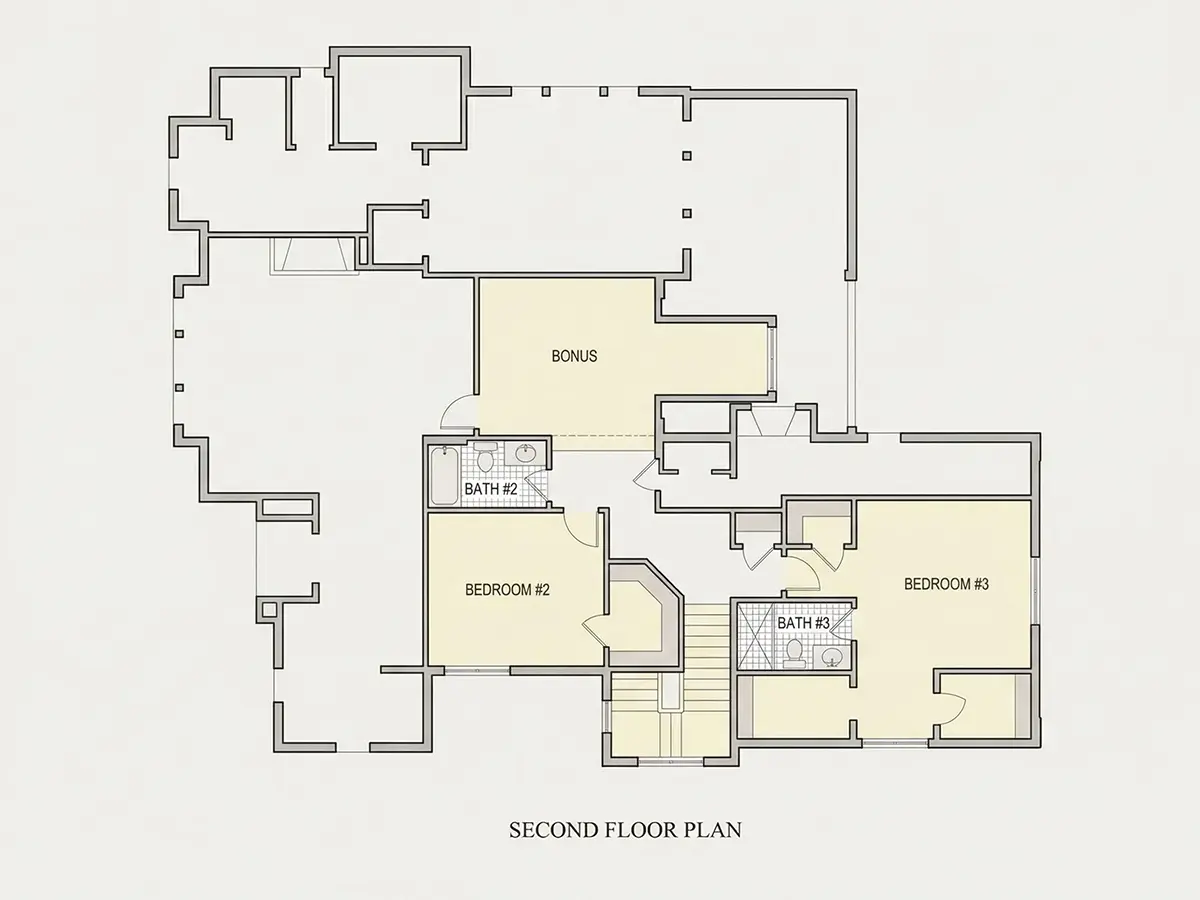 2. stāvs 22 – Mājas projekts ar mansardu 176 m²: 3 Guļamistabas, Darba istaba, 4 Vannasistabas, Atvērta virtuve, Garāža — 91640R