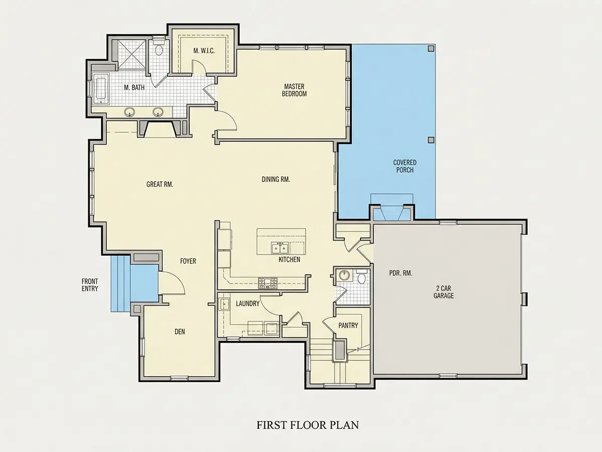 1. stāvs 21 – Mājas projekts ar mansardu 176 m²: 3 Guļamistabas, Darba istaba, 4 Vannasistabas, Atvērta virtuve, Garāža — 91640R