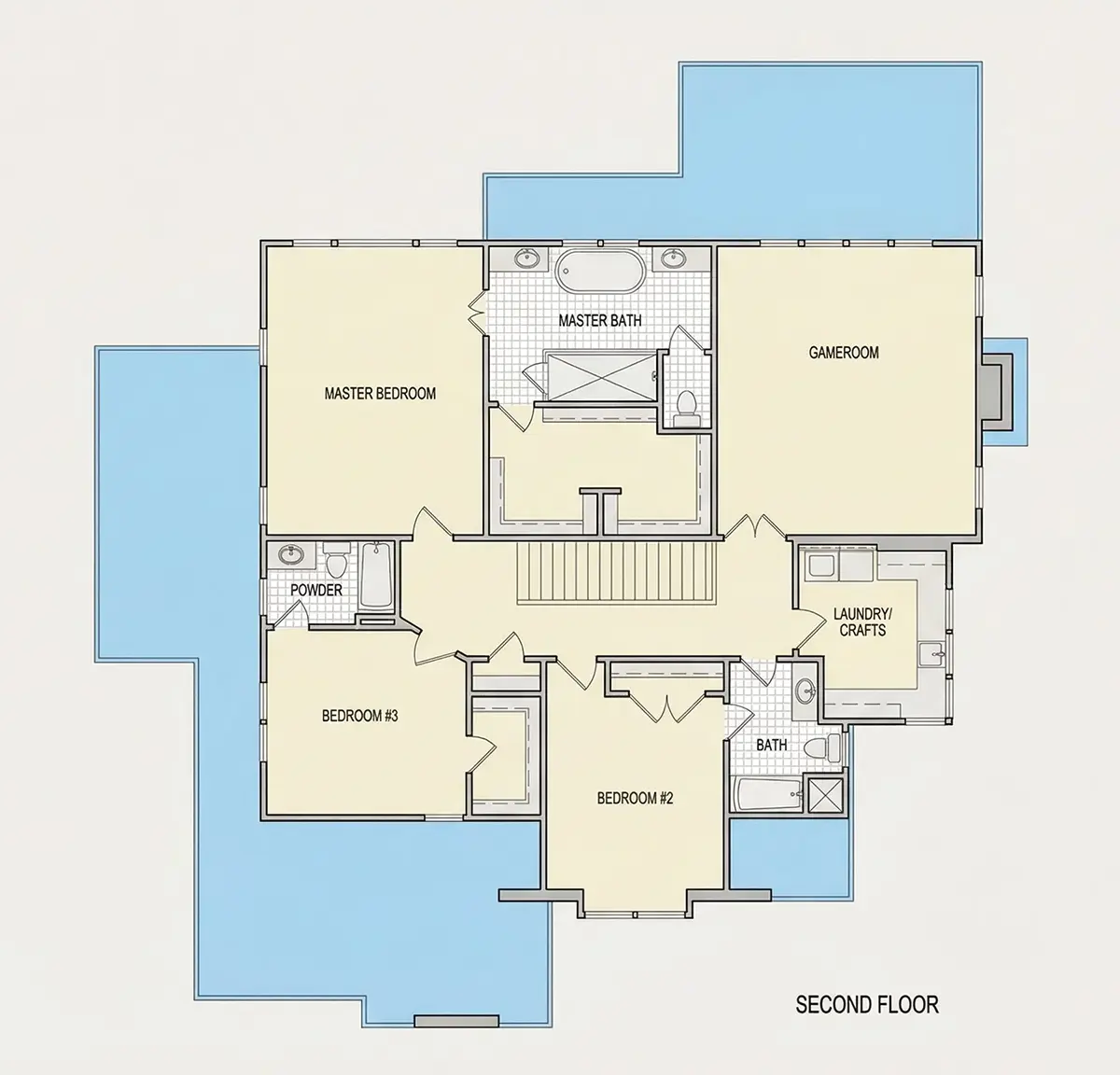 2. stāvs 13 – Divstāvu mājas projekts 334 m²: 4 Guļamistabas, Darba istaba, 5 Vannasistabas, Atvērta virtuve, Garāža — 74831R
