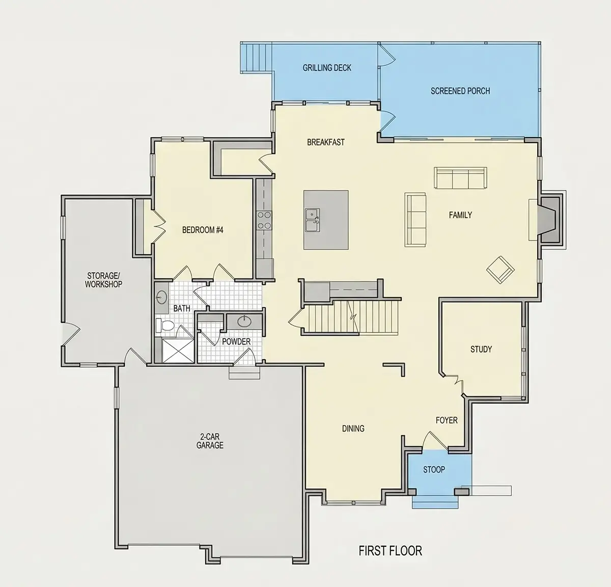 1. stāvs 12 – Divstāvu mājas projekts 334 m²: 4 Guļamistabas, Darba istaba, 5 Vannasistabas, Atvērta virtuve, Garāža — 74831R