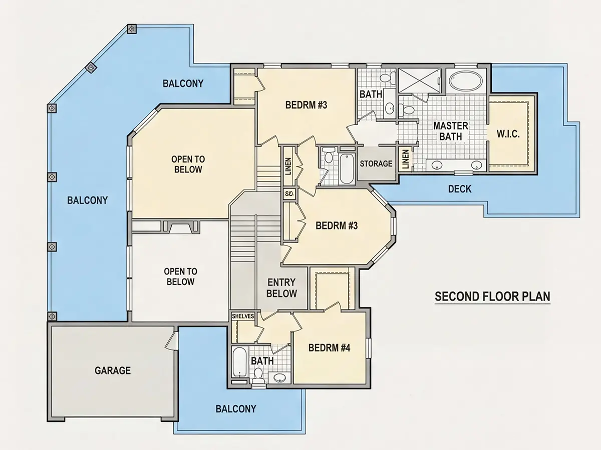 2. stāvs 29 – Divstāvu mājas projekts 390 m²: 4 Guļamistabas, Darba istaba, 5 Vannasistabas, Atvērta virtuve, Garāža — 20933R