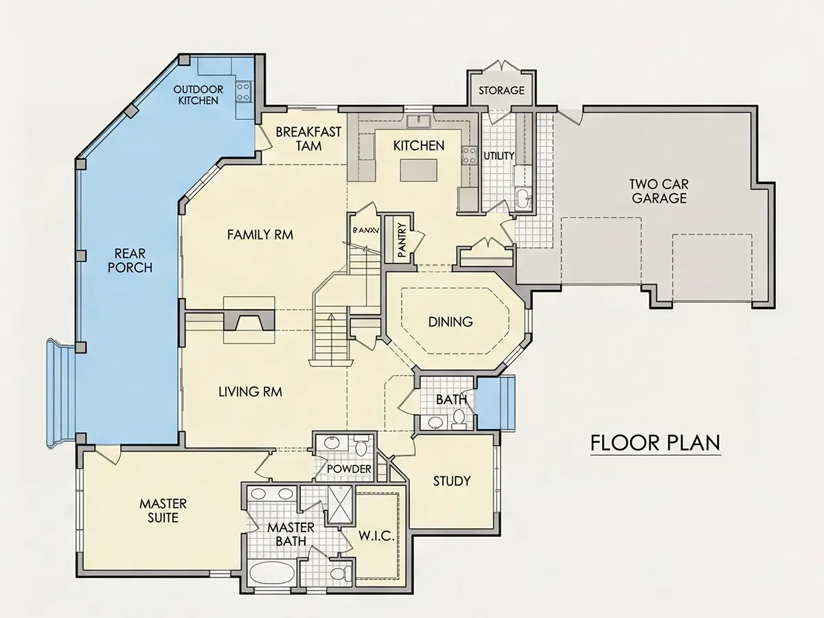 1. stāvs 28 – Divstāvu mājas projekts 390 m²: 4 Guļamistabas, Darba istaba, 5 Vannasistabas, Atvērta virtuve, Garāža — 20933R