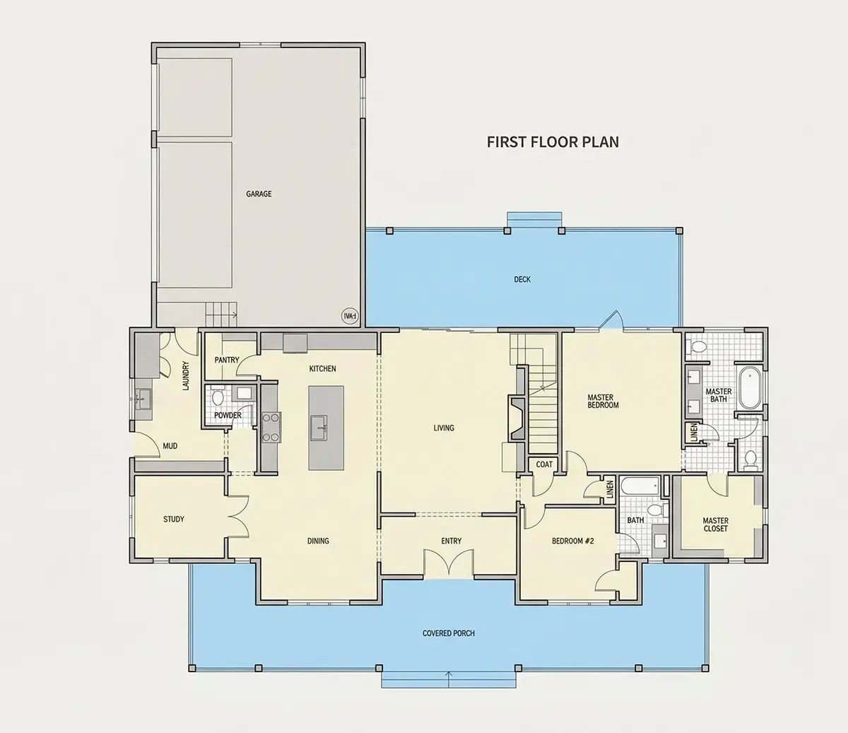 1. stāvs 21 – Mājas projekts ar mansardu 341 m²: 4 Guļamistabas, Darba istaba, 5 Vannasistabas, Atvērta virtuve, Garāža — 11321R