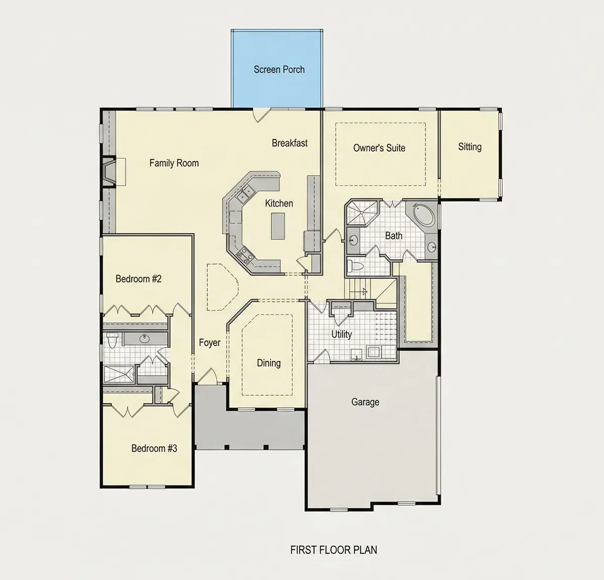 1. stāvs 27 – Mājas projekts ar mansardu 263 m²: 3 Guļamistabas, 3 Vannasistabas, Atvērta virtuve, Garāža — 85125R