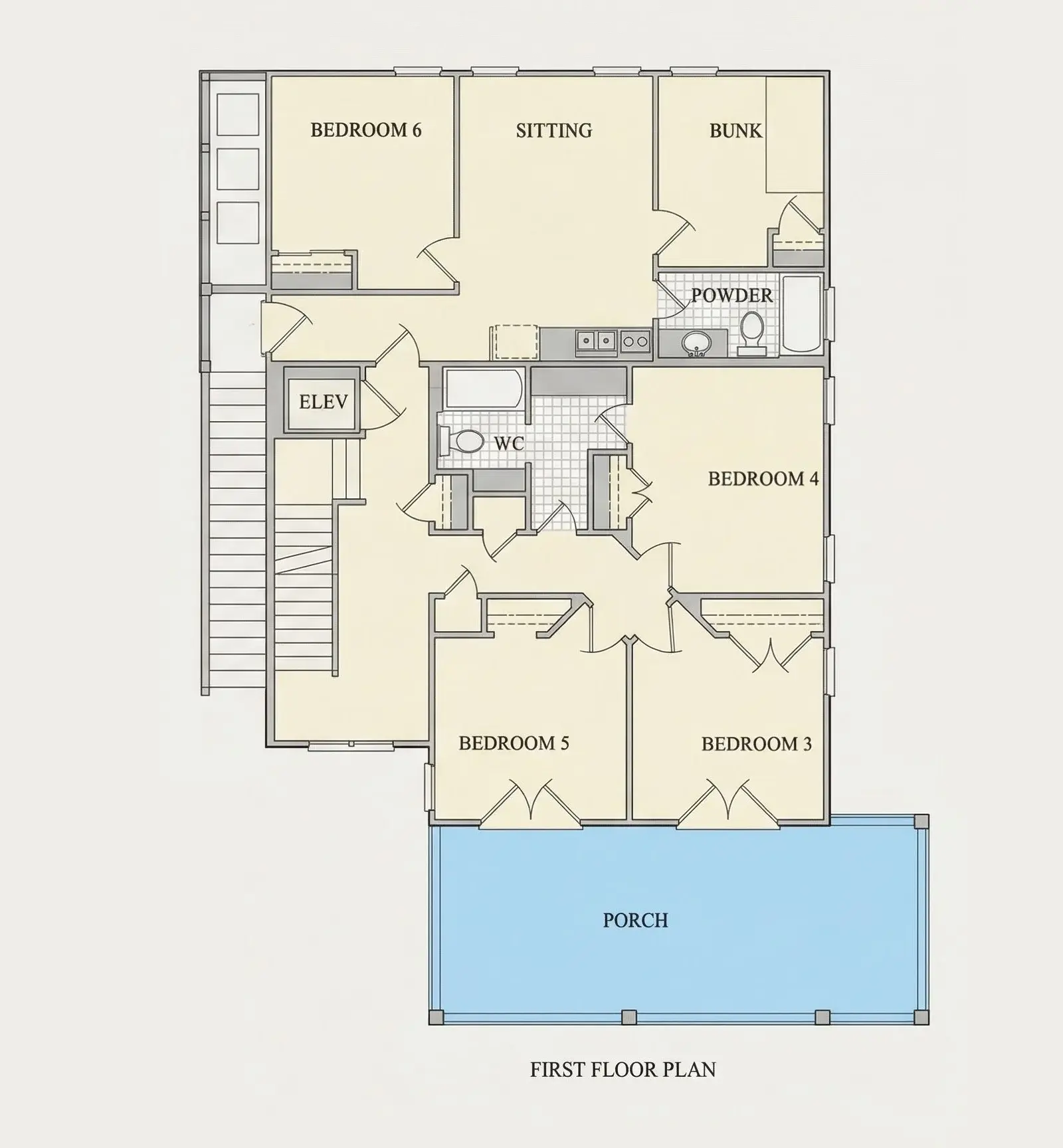 1. stāvs 8 – Trīsstāvu mājas projekts 567 m²: 6 Guļamistabas, Darba istaba, 4 Vannasistabas, Atvērta virtuve, Garāža — 55440R