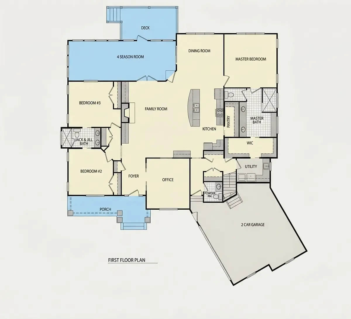 1. stāvs 25 – Mājas projekts ar mansardu 351 m²: 3 Guļamistabas, Darba istaba, 4 Vannasistabas, Atvērta virtuve, Garāža — 29718R