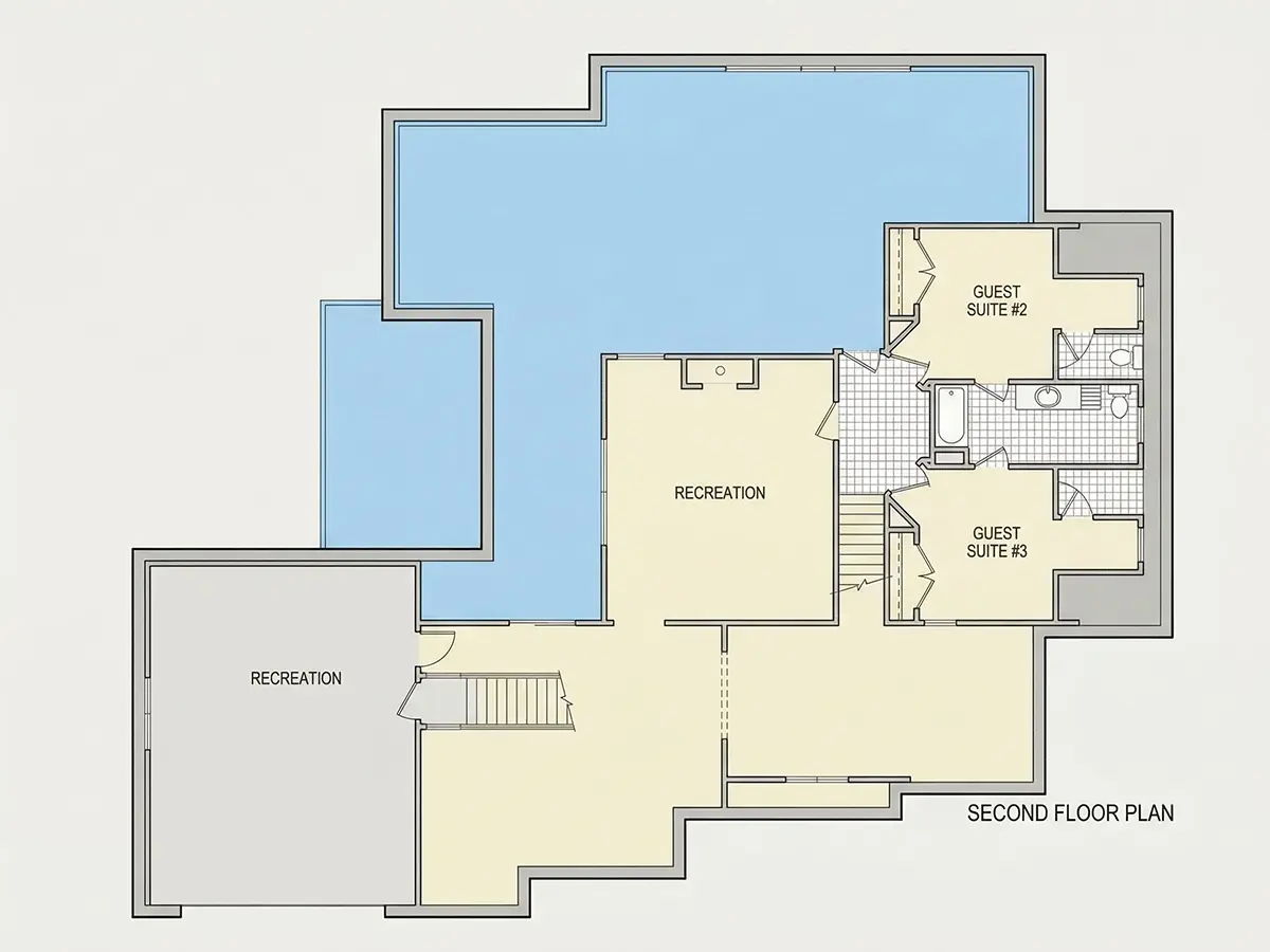 2. stāvs 11 – Mājas projekts ar mansardu 299 m²: 4 Guļamistabas, Darba istaba, 4 Vannasistabas, Atvērta virtuve, Garāža — 28129R
