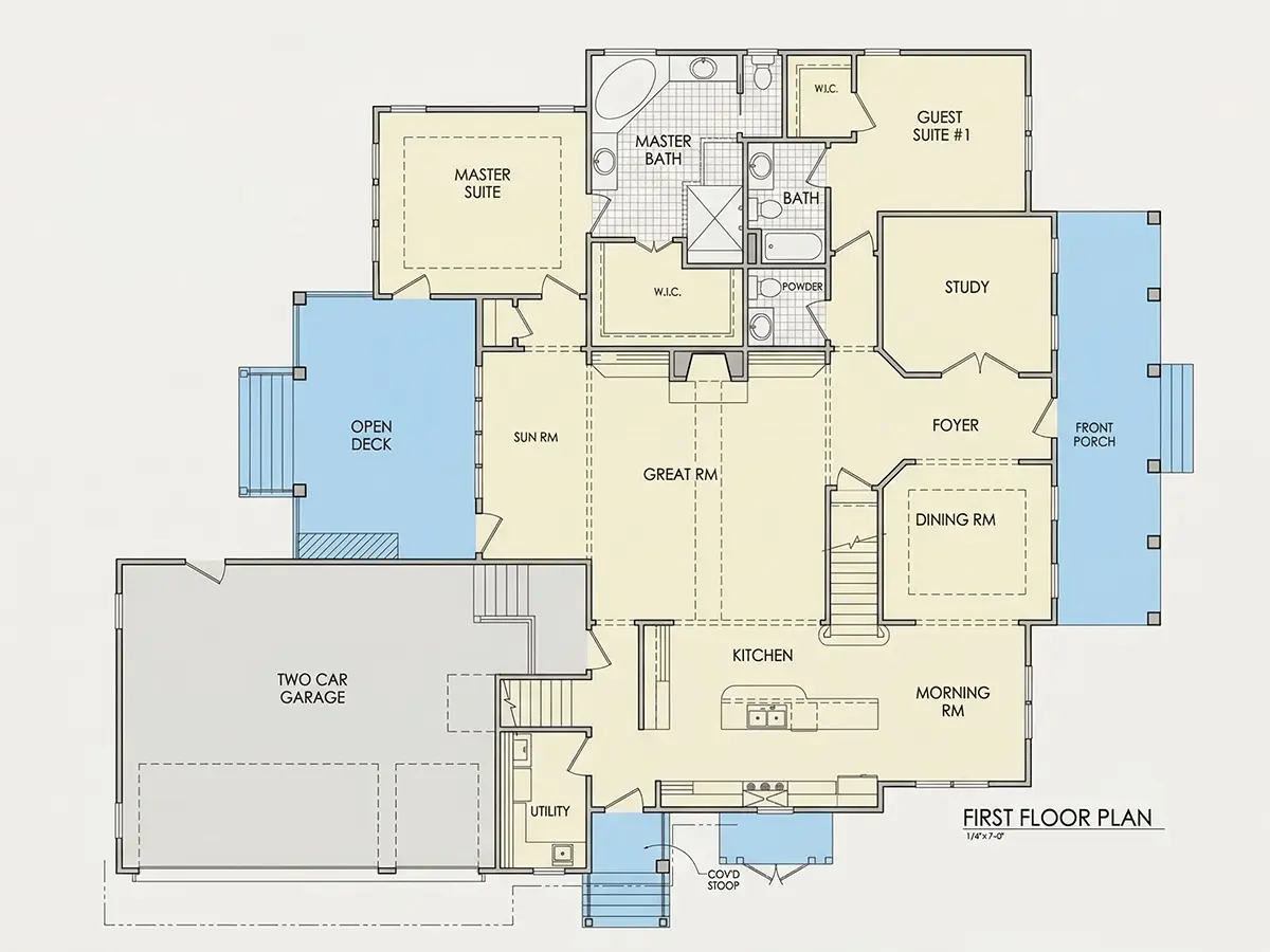 1. stāvs 10 – Mājas projekts ar mansardu 299 m²: 4 Guļamistabas, Darba istaba, 4 Vannasistabas, Atvērta virtuve, Garāža — 28129R